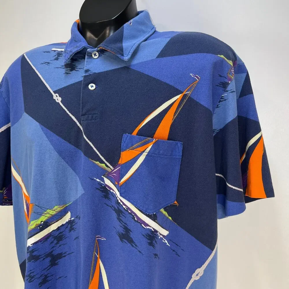 Vintage Polo Ralph Lauren Printed Polo Shirt Blue Abstract Sailing Motif Cotton